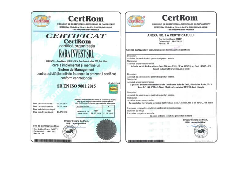 certificat ISO 9001 obtinut de firma RARA Logistic
