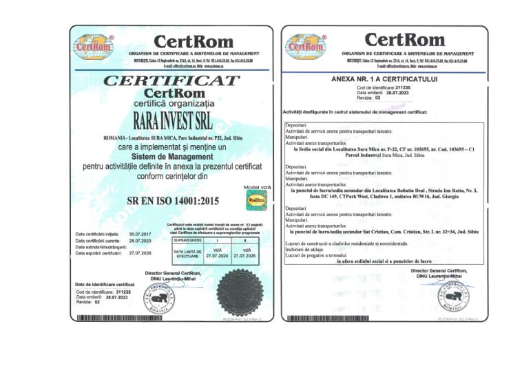 certificat ISO 14001 obtinut de firma RARA Logistic